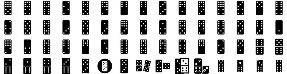 Set Of Domino Icons Isolated Silhouette Solid Icon With Strategy, Dominoes, Action, Domino, Block, Game, White Infographic Simple Vector Illustration Logo
