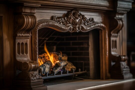 Fireplace With Beautifully Carved Wooden Mantel And Cozy Fire Burning Inside