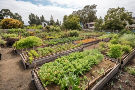community garden with rows of vegetables and herbs, ready for harvest, created with generative ai
