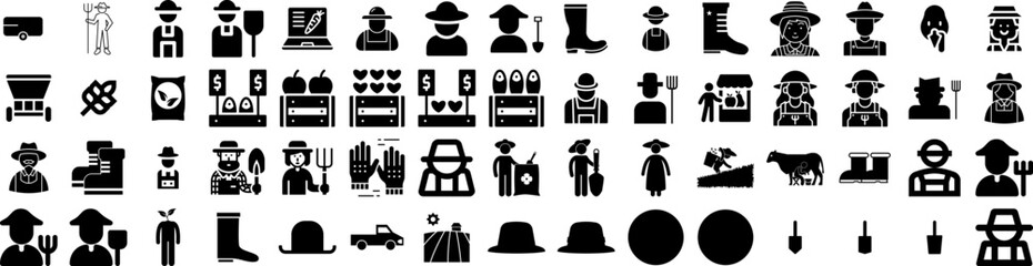 Set Of Farmer Icons Isolated Silhouette Solid Icon With Agriculture, Farmer, Field, Farm, Farming, Worker, Man Infographic Simple Vector Illustration Logo