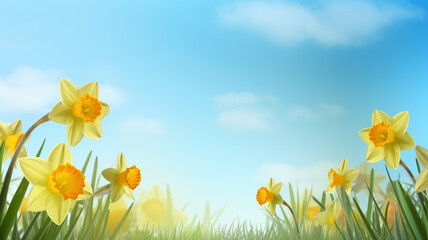 Fototapeta na wymiar Spring background with yellow flower blue sky and sunlight