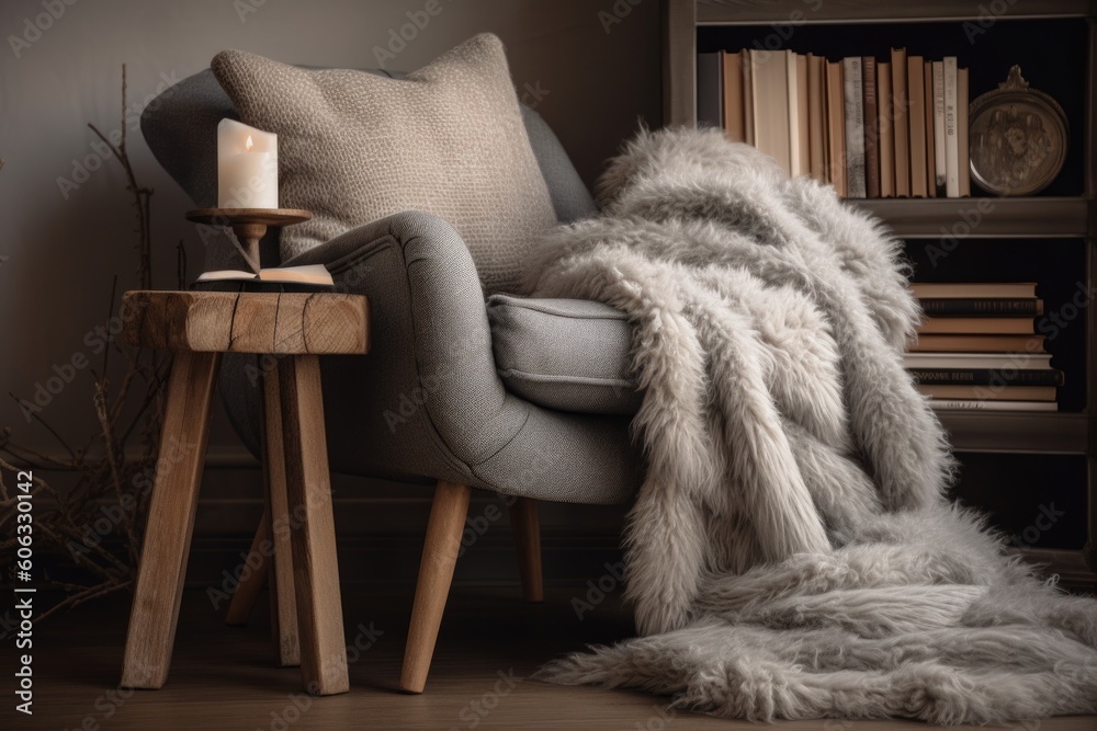 Wall mural cozy reading nook with plush armchair, furry blanket, and stack of books, created with generative ai