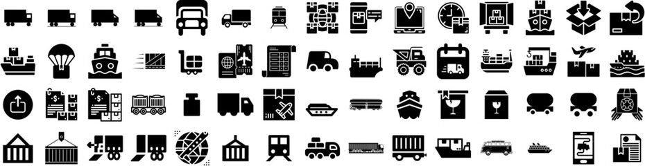 Set Of Freight Icons Isolated Silhouette Solid Icon With Freight, Transportation, Business, Transport, Shipping, Delivery, Cargo Infographic Simple Vector Illustration Logo