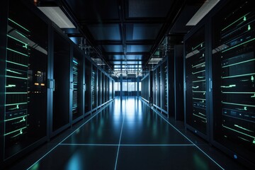 data center with dozens of servers, each one humming and blinking, created with generative ai