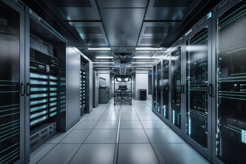 data center with servers in racks, and security cameras monitoring the room, created with generative ai