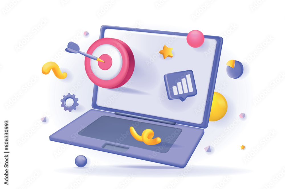 Aufkleber Seo optimization concept 3D illustration. Icon composition with laptop, data chart and targeting, statistics information of site and search engine settings. Vector illustration for modern web design