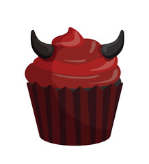 Halloween cupcake concept. Dessert and delicacy, floor product for holiday or festival. Red cake with horns. Sticker for social networks and messengers. Cartoon flat vector illustration