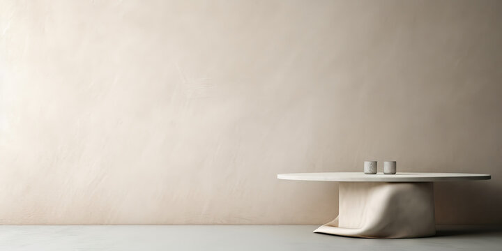 White round table and beige wall background