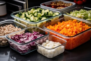 close-up of meal prep, with chopping and dicing in full swing, created with generative ai