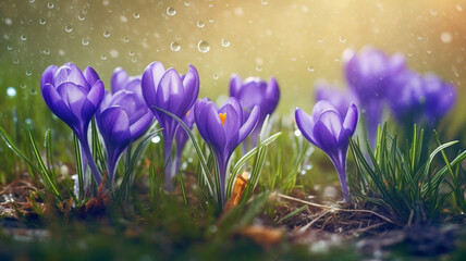 Spring flowers of blue crocuses under the rain