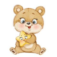 Cute cartoon bear sit on white background and hold a star watercolor illustration