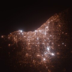 Cleveland (Ohio, USA) street lights map. Satellite view on modern city at night. Imitation of aerial view on roads network. 3d render