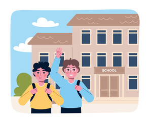 Obraz na płótnie Canvas Happy school children. Boys with backpacks stand against backdrop of school or university building. Day of Knowledge, 1 September. Education, learning and training. Cartoon flat vector illustration