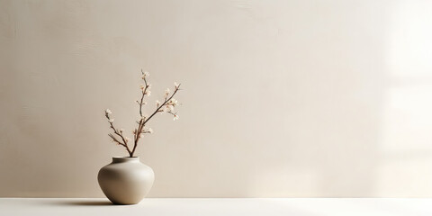 Bouquet of cherry blossoms in vase on white table near beige wall