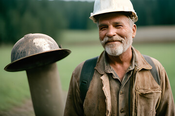Image of a middle-aged or senior dirty coal miner. (AI-generated fictional illustration) - obrazy, fototapety, plakaty