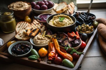 platter of vegan tapas, featuring grilled veggies, hummus, and olives, created with generative ai - obrazy, fototapety, plakaty
