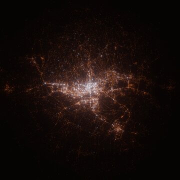 Fototapeta Zagreb (Croatia) street lights map. Satellite view on modern city at night. Imitation of aerial view on roads network. 3d render