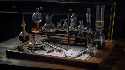 Alchemical table. Equipment and decorations of magician and sorcerer for chemistry. Table with magic glass bottles. Retro vintage vintage medical office created with Generative AI Technology