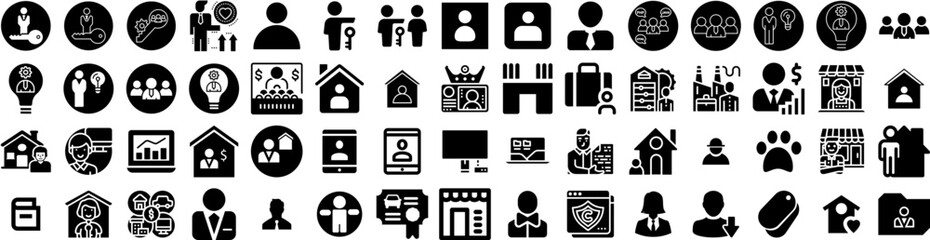 Set Of Owner Icons Isolated Silhouette Solid Icon With Owner, Business, Happy, Small Business, Woman, Entrepreneur, Occupation Infographic Simple Vector Illustration Logo