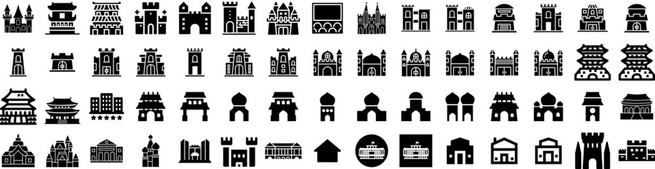 Naklejka premium Set Of Palace Icons Isolated Silhouette Solid Icon With Travel, Architecture, Building, Old, Tourism, Background, Palace Infographic Simple Vector Illustration Logo