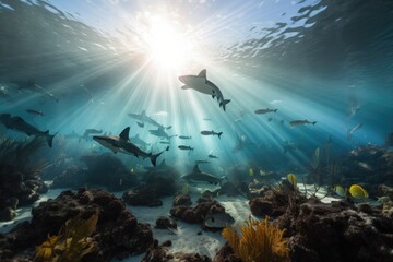 Fototapeta na wymiar stunning underwater scene with a mix of rays, sharks, and colorful fish, created with generative ai