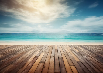 Empty wooden flooring deck in front and blue summer sky with clouds and sea or ocean with turquoise water and waves in the background. Summer vacation sea shoreline with deck floor. Generative AI