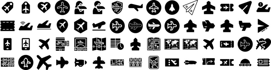 Set Of Plane Icons Isolated Silhouette Solid Icon With Flight, Airplane, Travel, Fly, Aircraft, Transport, Plane Infographic Simple Vector Illustration Logo
