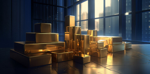 gold bars on a black background behind an uptrend line