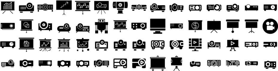 Set Of Projector Icons Isolated Silhouette Solid Icon With Video, Screen, Movie, Cinema, Film, Projector, Presentation Infographic Simple Vector Illustration Logo