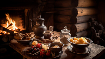 a breakfast in front of a fireplace