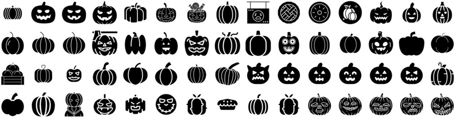 Set Of Pumpkin Icons Isolated Silhouette Solid Icon With Orange, Pumpkin, Autumn, Halloween, Decoration, Isolated, October Infographic Simple Vector Illustration Logo