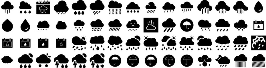 Set Of Rainy Icons Isolated Silhouette Solid Icon With Wet, Rainy, Sky, Background, Weather, Rain, Season Infographic Simple Vector Illustration Logo