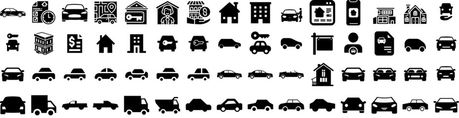 Set Of Rental Icons Isolated Silhouette Solid Icon With Auto, Car, Business, Automobile, Rent, Rental, Vehicle Infographic Simple Vector Illustration Logo