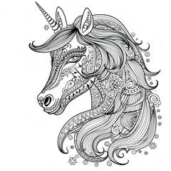 Unicorn with mandala-style patterns and floral decorations  