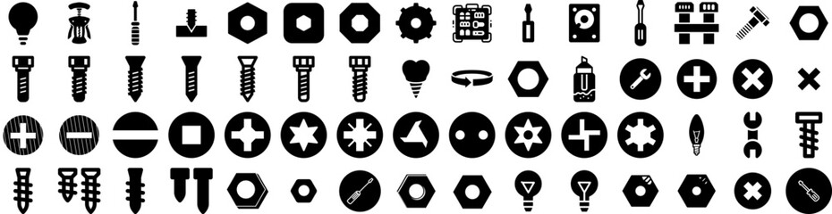 Set Of Screw Icons Isolated Silhouette Solid Icon With Steel, Hardware, Screw, Isolated, Bolt, Construction, Metal Infographic Simple Vector Illustration Logo