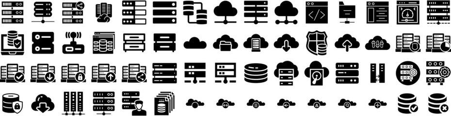 Set Of Server Icons Isolated Silhouette Solid Icon With Technology, Computer, Internet, Data, Server, Information, Network Infographic Simple Vector Illustration Logo