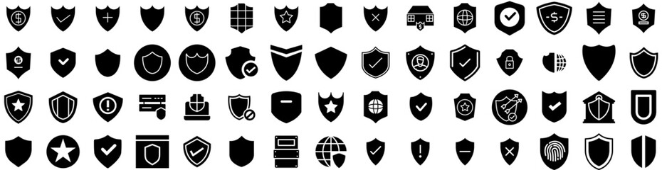 Set Of Shield Icons Isolated Silhouette Solid Icon With Protect, Symbol, Protection, Design, Security, Sign, Shield Infographic Simple Vector Illustration Logo - obrazy, fototapety, plakaty