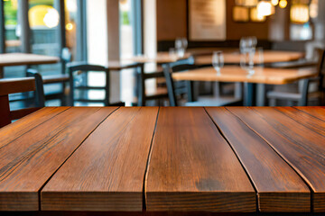 Selective focus, Empty of wood table top on blur restaurant, coffee shop, bar background. generative ai. - 606333585