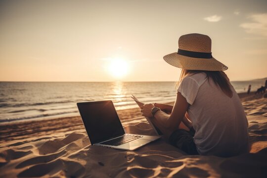 person, working remotely for travel company, planning dream vacation, created with generative ai