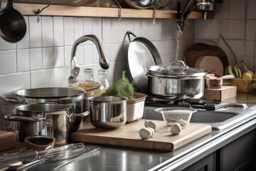 Obraz na płótnie Canvas zero-waste kitchen with stainless steel pots, pans, and gadgets for cooking fresh and healthy meals, created with generative ai