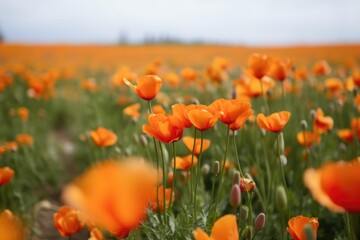 closeup of beautiful orange tulips growing in a field, created with generative ai