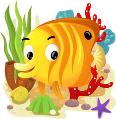 cartoon scene with coral reef with swimming fish isolated element illustration for children