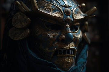  Portrait close up of a Samurai in a traditional mengu mask, Japanese medieval warrior in armor, art generated by ai
