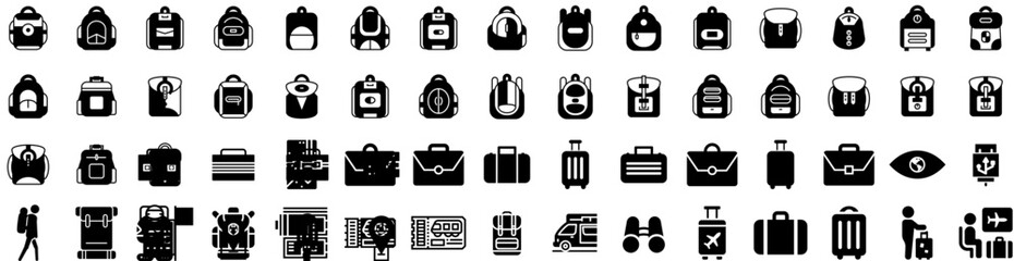 Set Of Traveler Icons Isolated Silhouette Solid Icon With Airplane, Vacation, Tourism, Travel, Journey, Holiday, Trip Infographic Simple Vector Illustration Logo