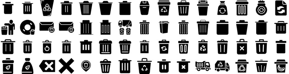 Set Of Trash Icons Isolated Silhouette Solid Icon With Recycle, Rubbish, Waste, Environment, Trash, Bin, Garbage Infographic Simple Vector Illustration Logo