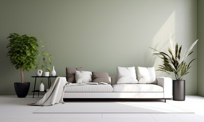 Blank horizontal poster frame imitating living room interior, modern living room interior background