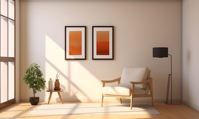 Blank horizontal poster frame imitating living room interior, modern living room interior background