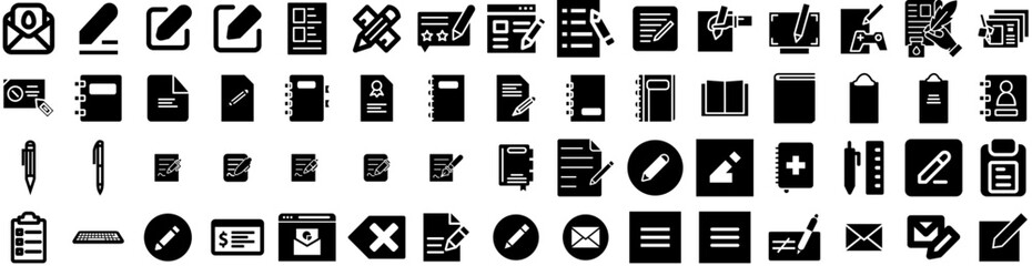 Set Of Write Icons Isolated Silhouette Solid Icon With Business, Paper, Office, Pen, Education, Writer, Write Infographic Simple Vector Illustration Logo