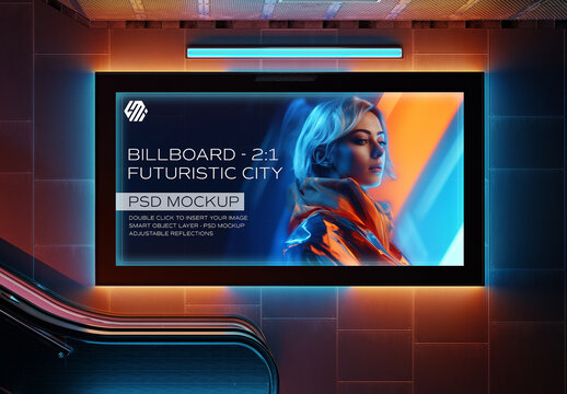 Cyberpunk Panoramic Billboard Mockup in Futuristic Underground