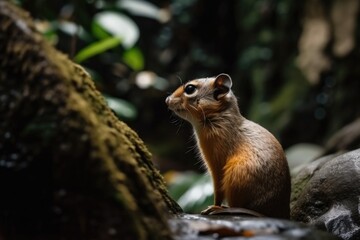 exotic pet, exploring its natural habitat of deep forest with waterfalls and high cliffs, created with generative ai